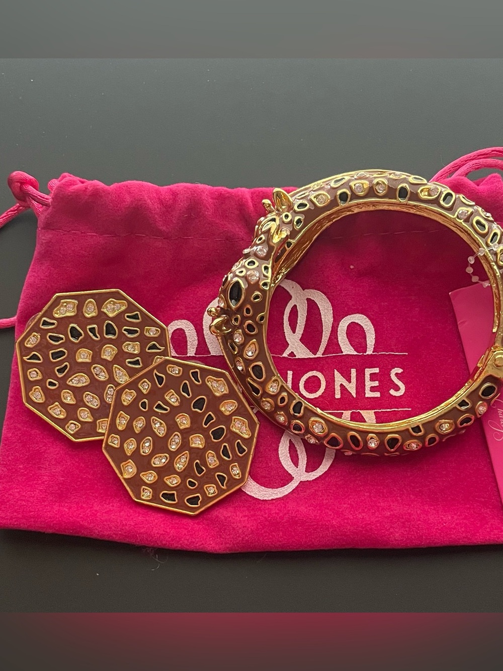Sassy Jones Gold Leopard Bangle (clamper style) and pierced earrings